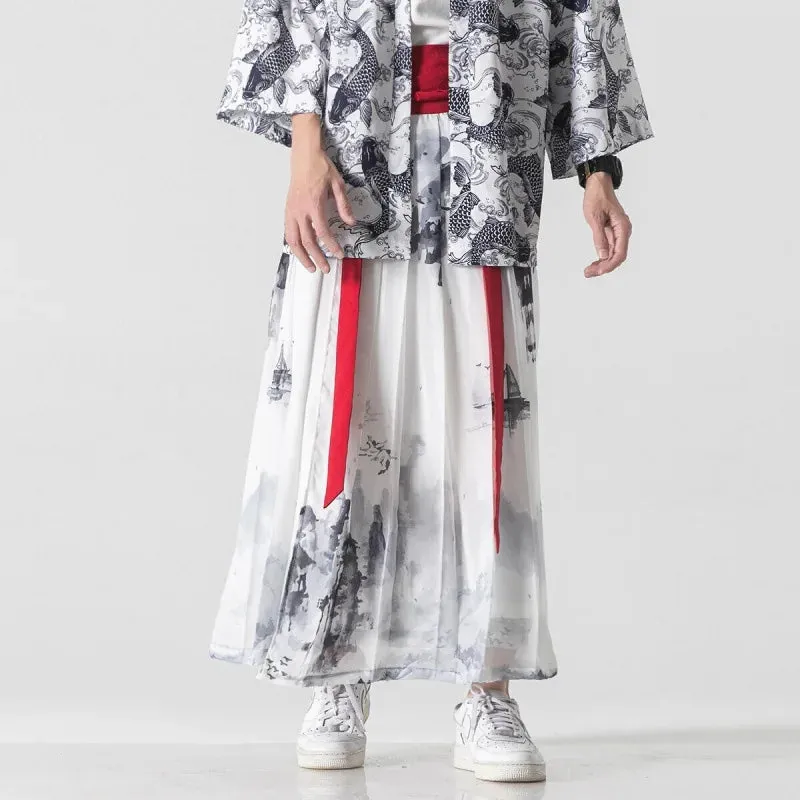 Esprit du Japon Jupe plissée blanche motif encre en lin