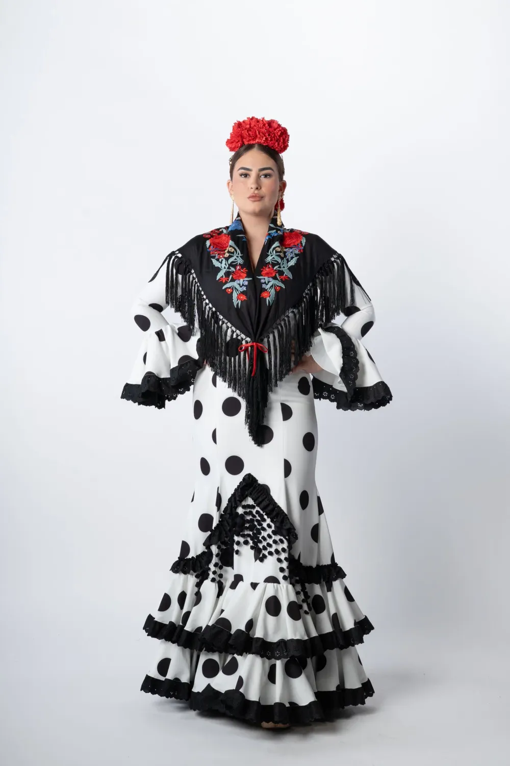 VIVA LA FERIA Genara Robe flamenca canastero blanche à pois noirs