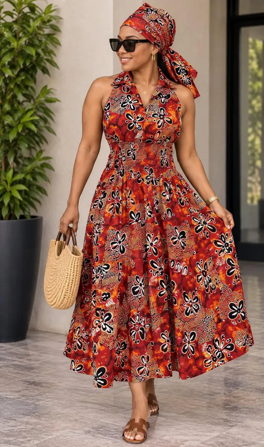 KAVAZI robe midi smockée imprimée africaine sans manches