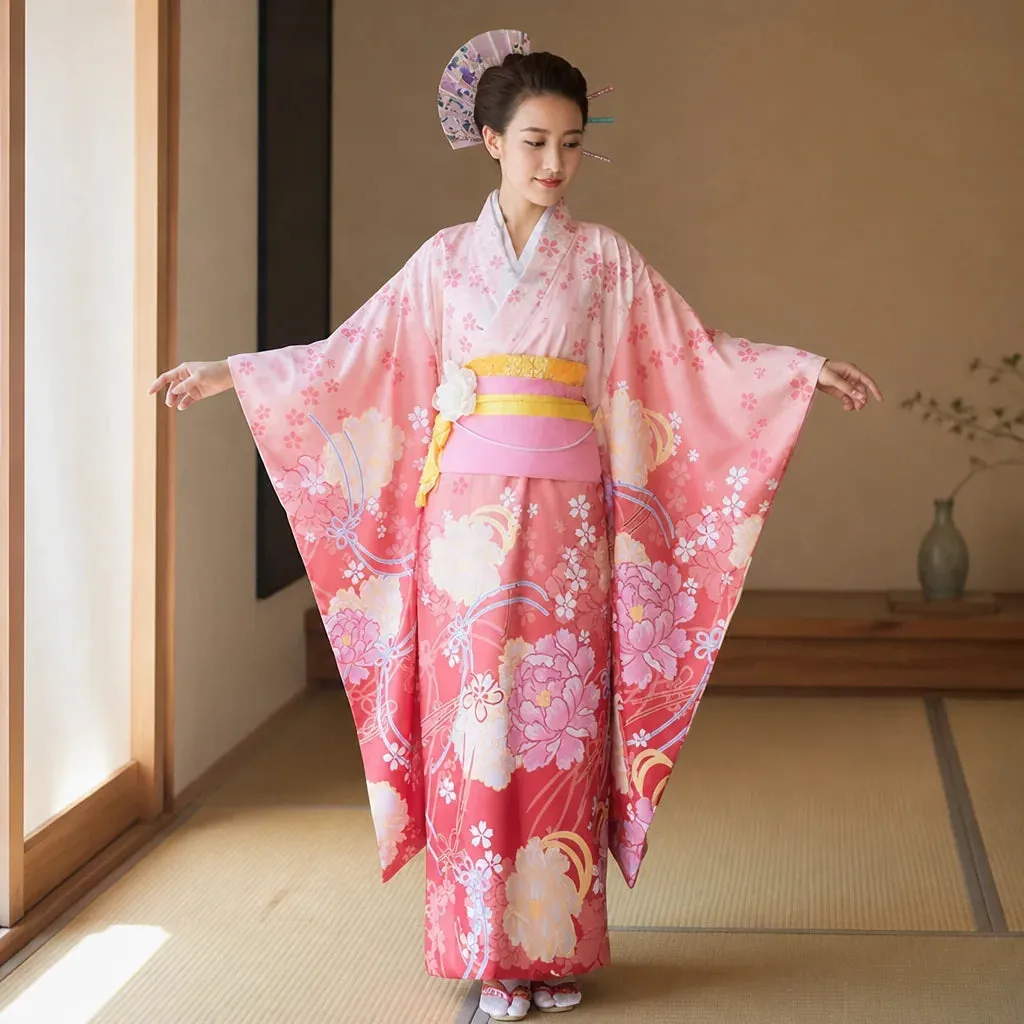 Esprit du Japon kimono floral satin obi manches amples
