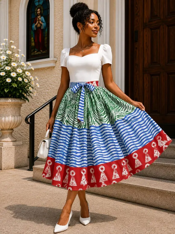 KAVAZI jupe midi Ankara wax motif africain