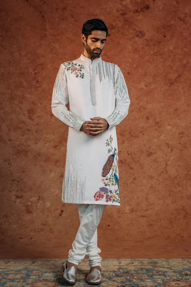 Rahul Mishra Birds Of Paradise Silk Satin Kurta kurta ivoire en soie