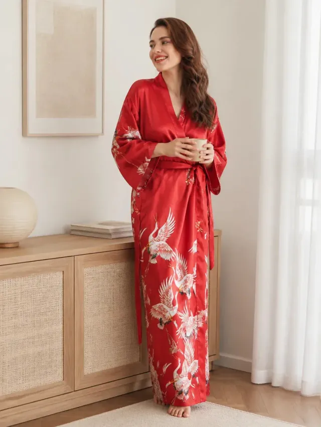 Esprit du Japon robe kimono longue satinée grues