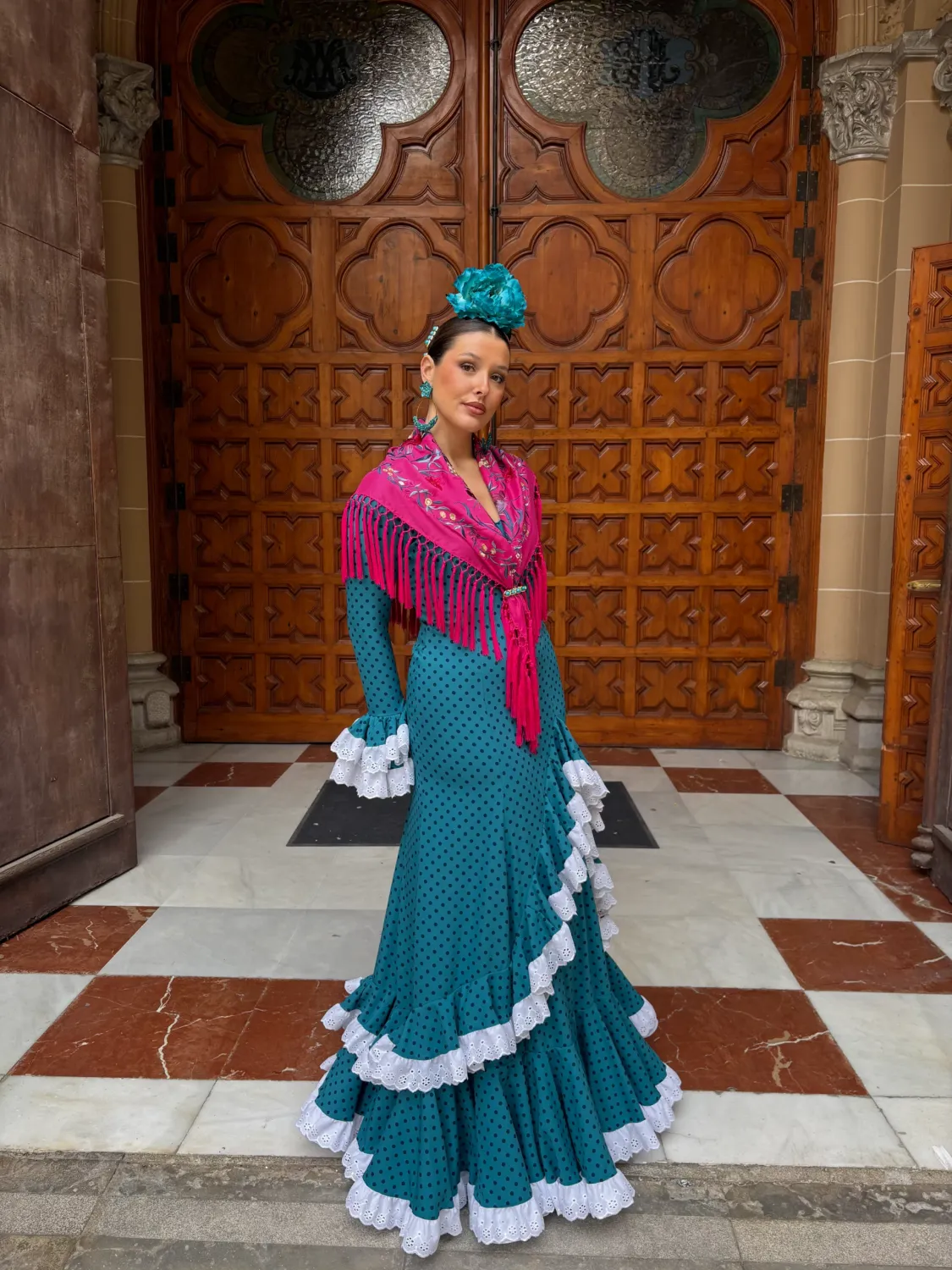 Viva La Feria Campanario robe flamenca bleu pétrole à pois