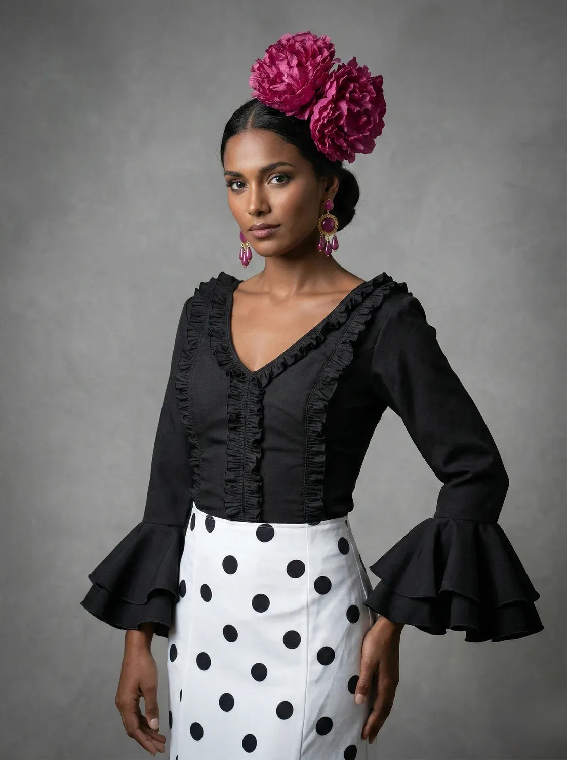 VIVA LA FERIA Camisa Flamenca blouse rociera noire plissée à volants