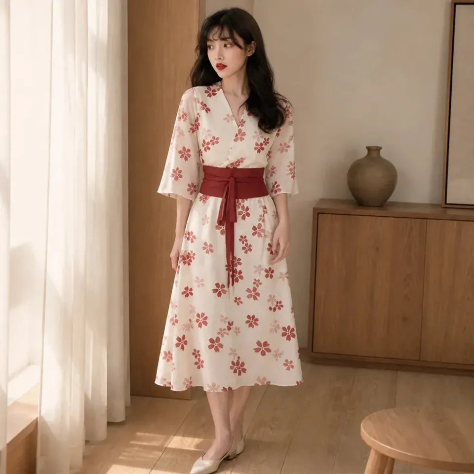 Esprit du Japon robe portefeuille fleurie manches kimono