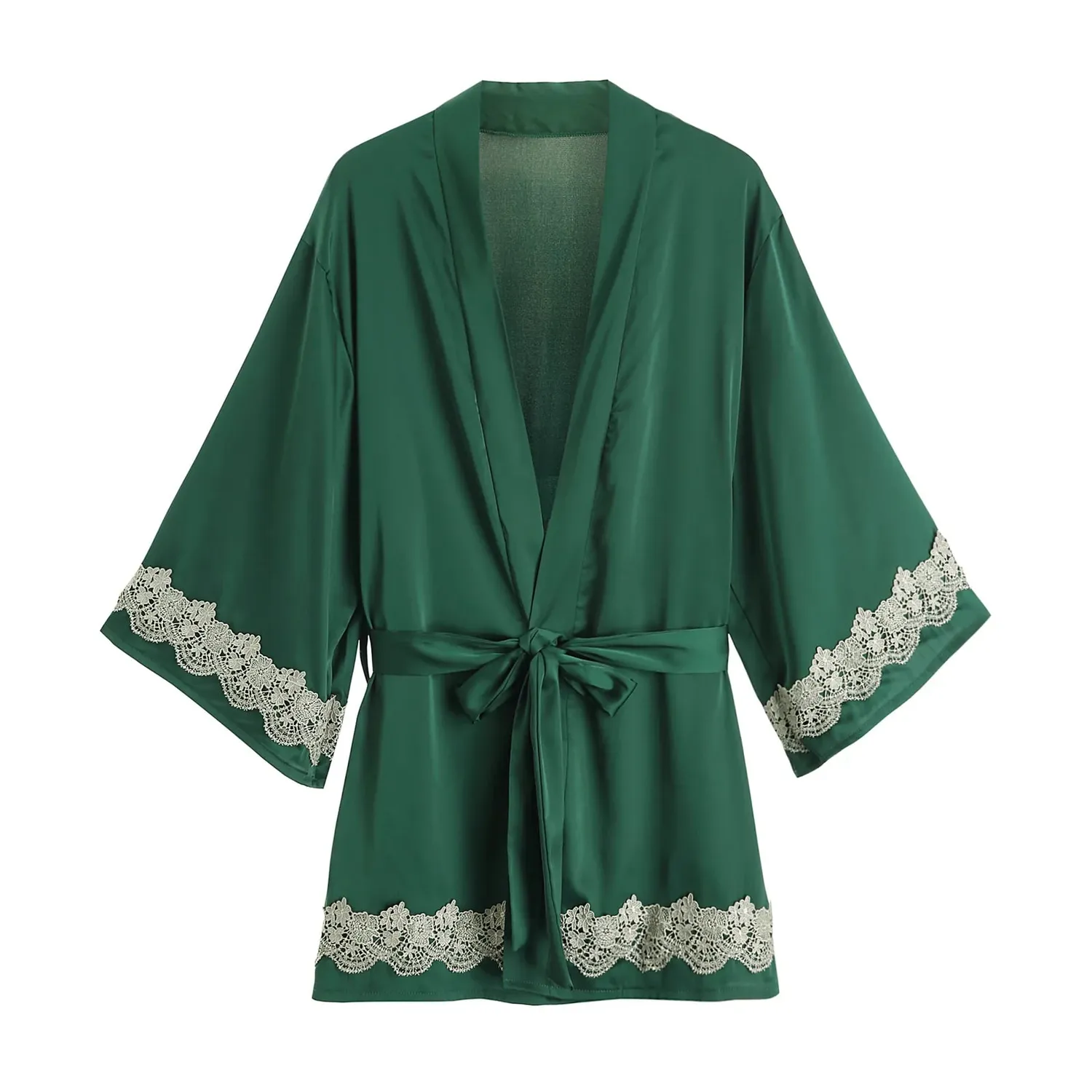 Esprit du Japon peignoir kimono satiné dentelle court