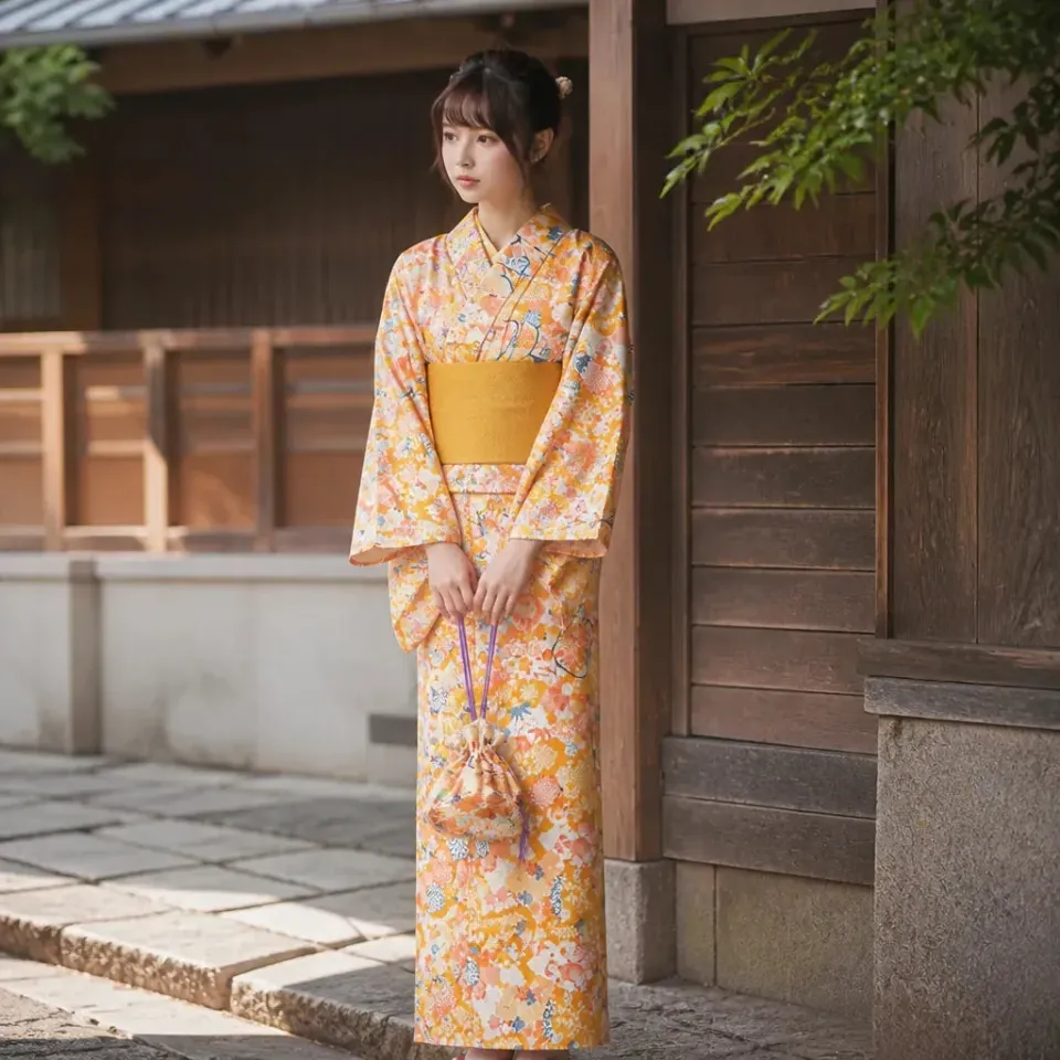 Esprit du Japon Orange Floral kimono femme fleuri