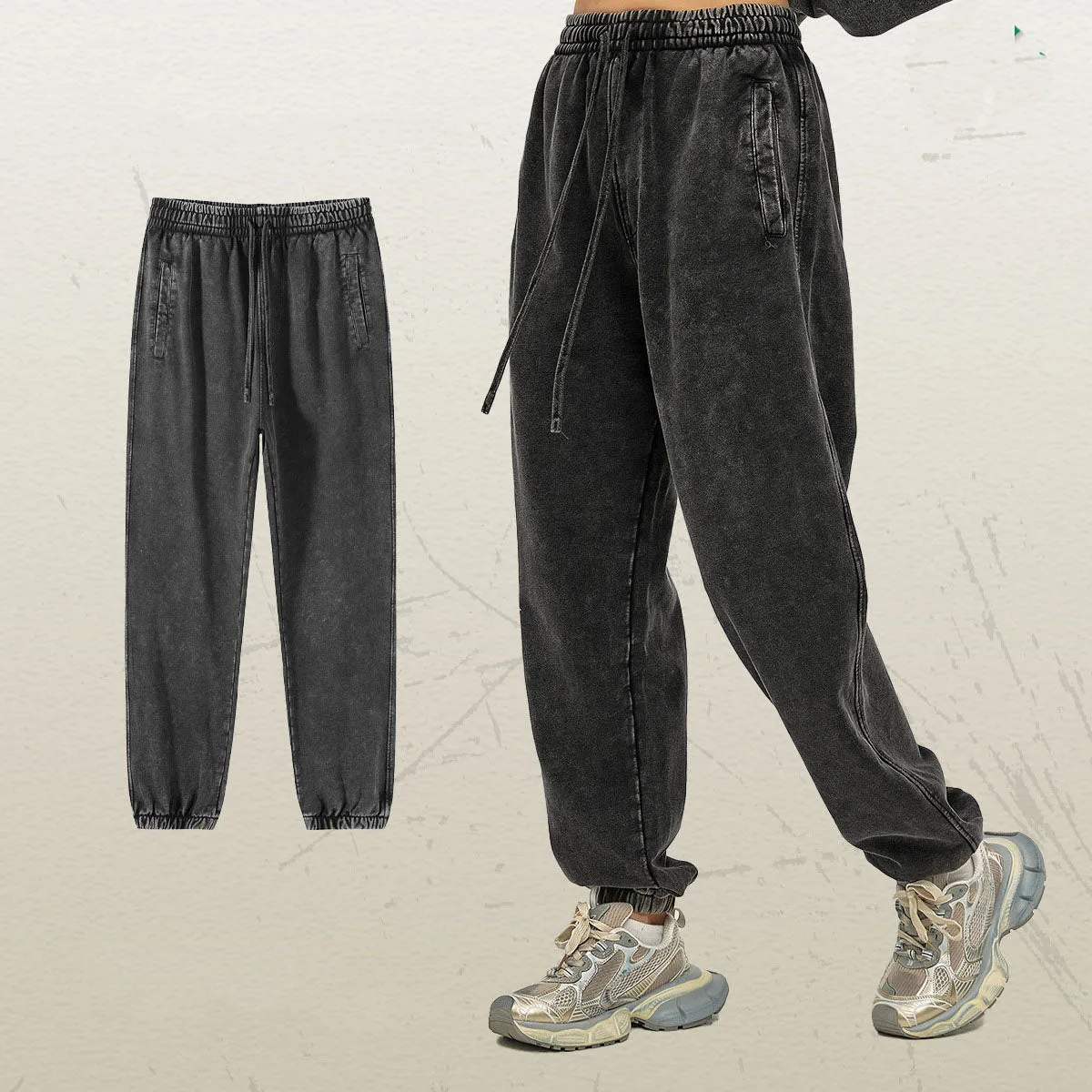 Esprit du Japon Pantalon Délavé Ample Rétro Coton