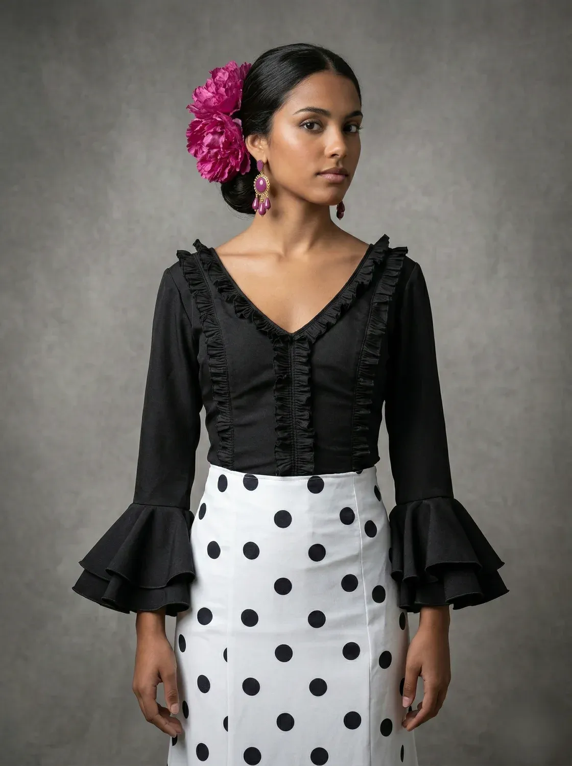 VIVA LA FERIA Camisa Flamenca blouse rociera noire plissée à volants