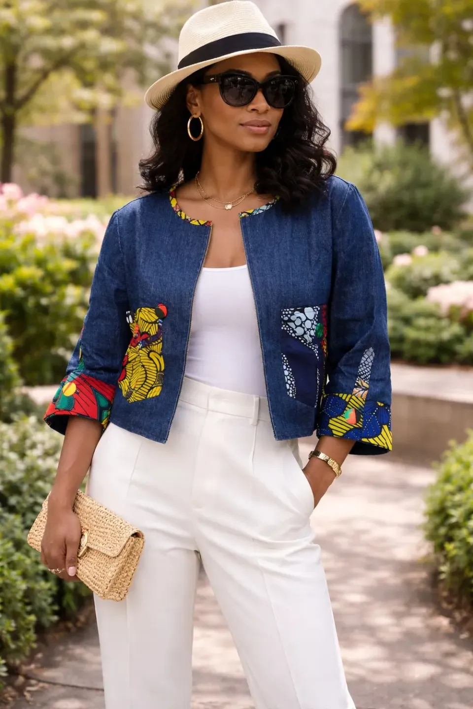 KAVAZI Denim Jacket with Ankara Patchwork veste en jean femme