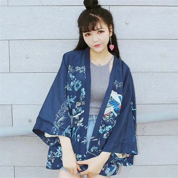 Esprit du Japon Veste de Kimono légère motifs japonais bleus