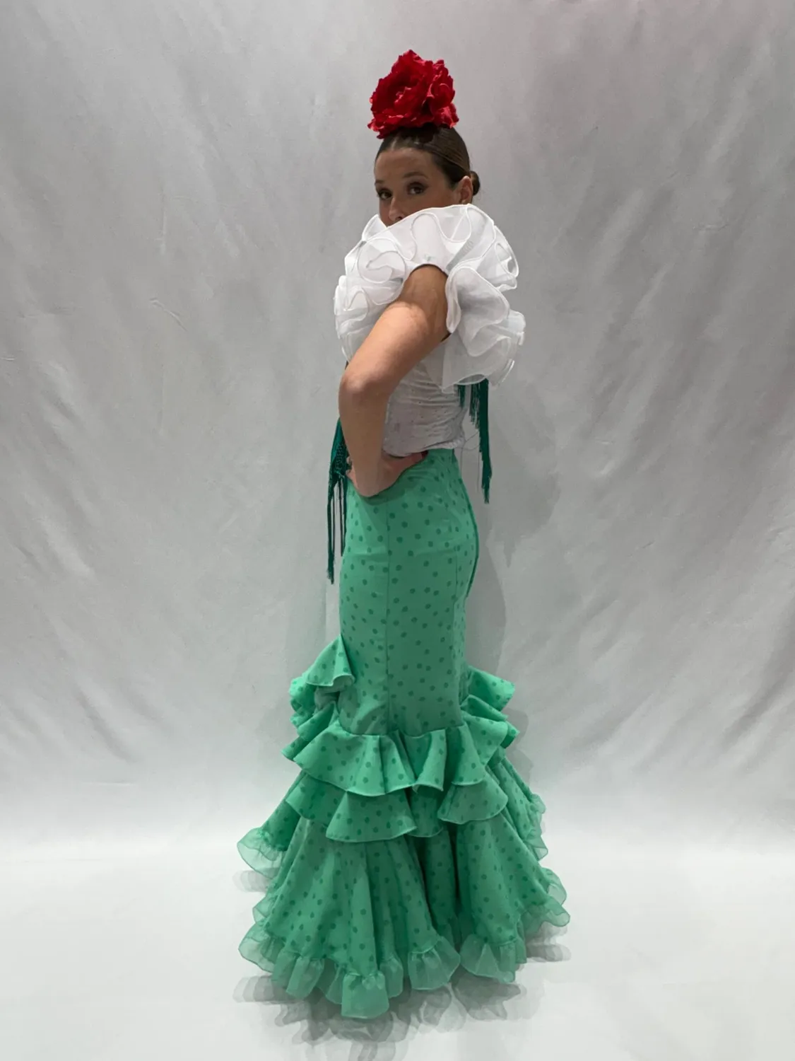 Viva la Feria Primor jupe flamenca verte à pois