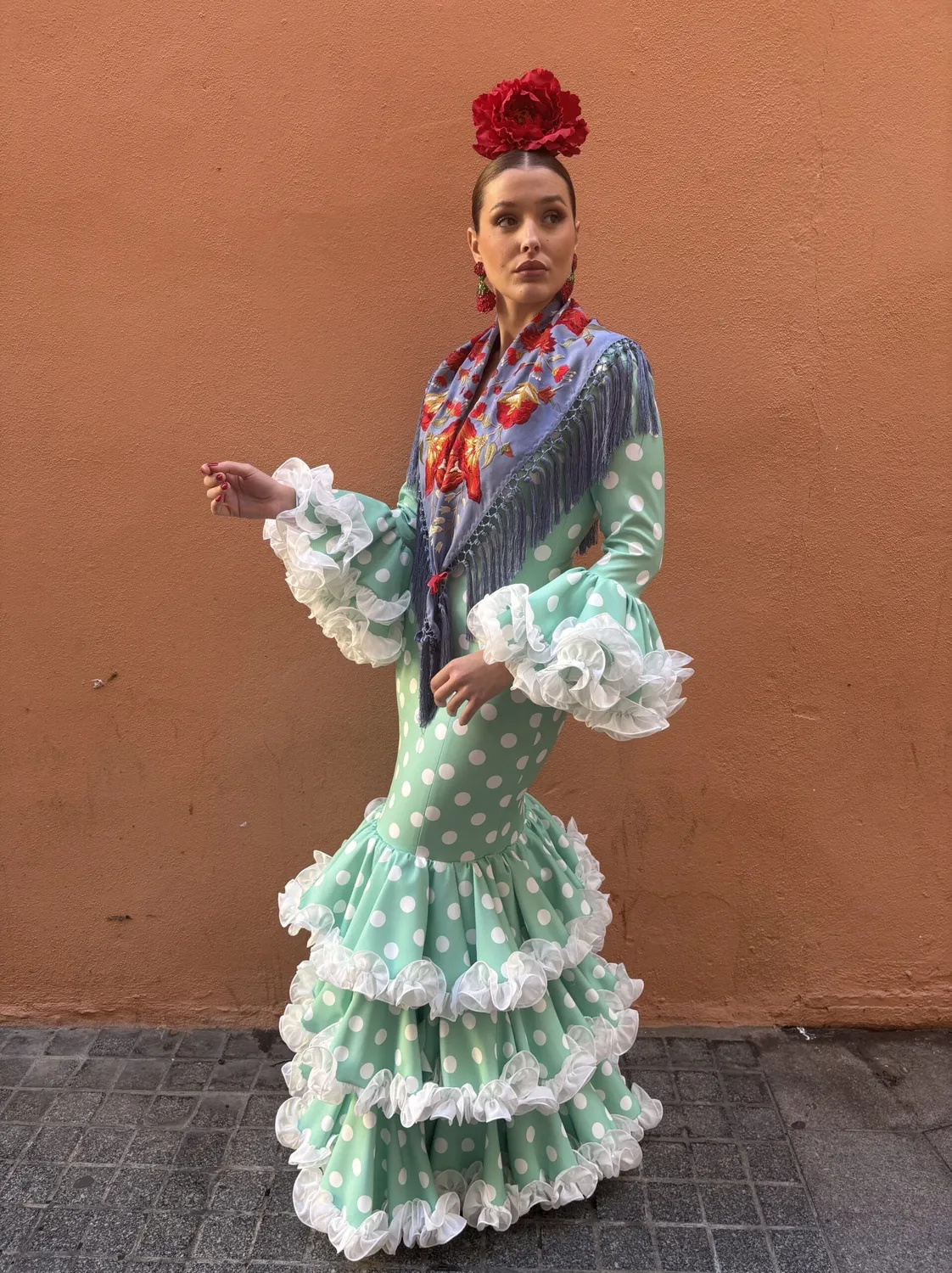 Viva la Feria Canela robe flamenca verte pois blancs