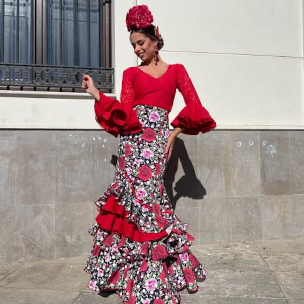 Viva la Feria Granada jupe flamenca fleurs crêpe