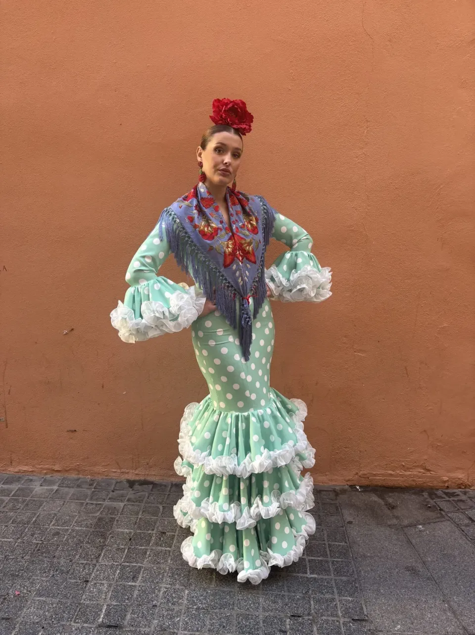 Viva la Feria Canela robe flamenca verte pois blancs