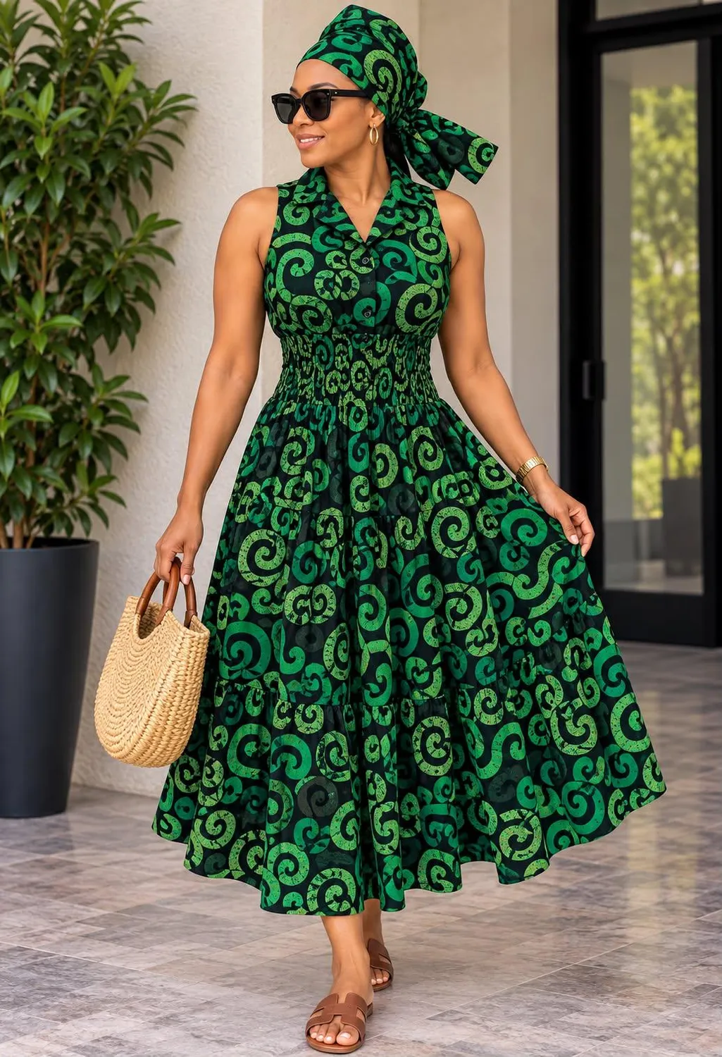 KAVAZI robe midi smockée imprimée africaine sans manches