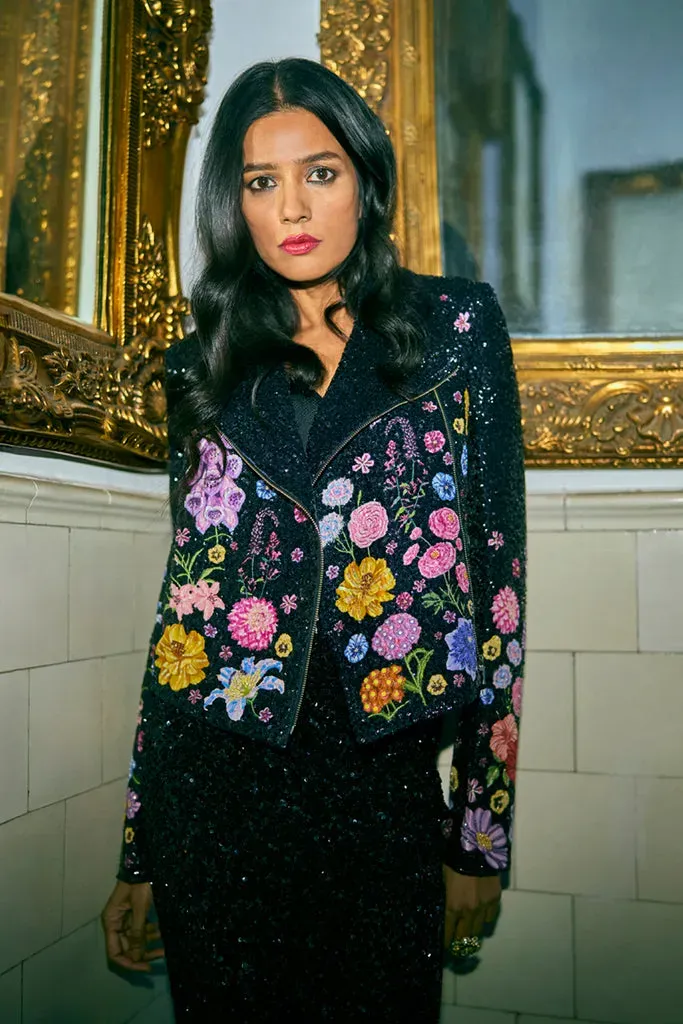 Rahul Mishra Valley of Flowers veste motard satin noire