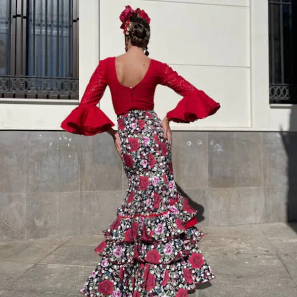 Viva la Feria Granada jupe flamenca fleurs crêpe