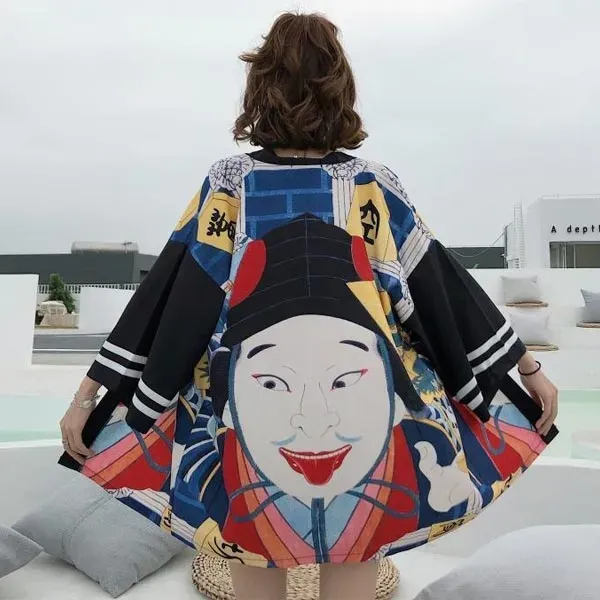 Esprit du Japon haori léger motif Kabuki noir femme