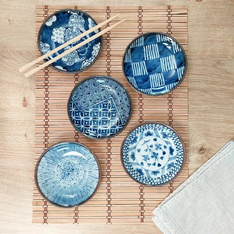 Japon style coffret 5 assiettes plates porcelaine bleue