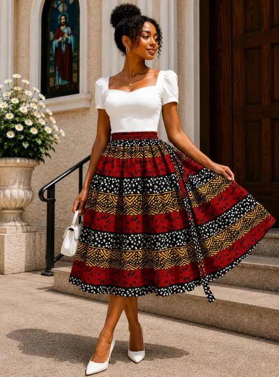 KAVAZI jupe midi Ankara wax motif africain