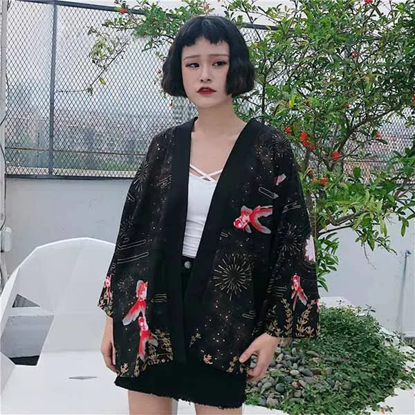 Esprit du Japon cardigan kimono Carpes Koï noir été