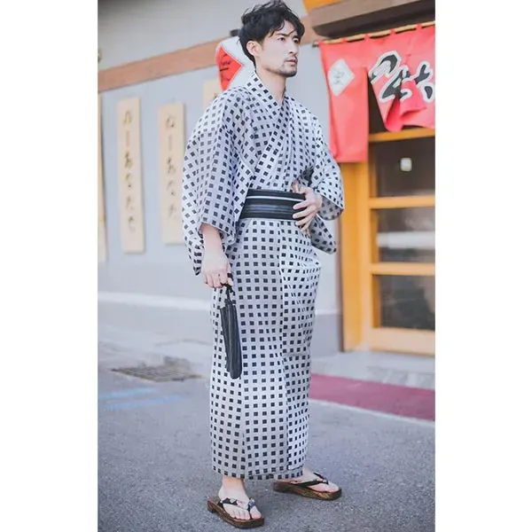 Esprit du Japon kimono homme blanc moderne damier + obi noir