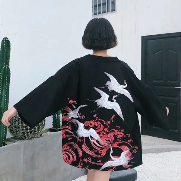 Esprit du Japon Akai Tsuru haori femme grues noires