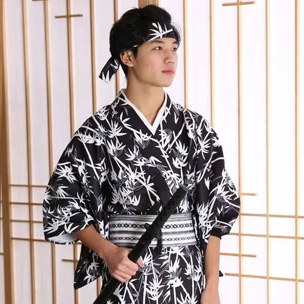 Esprit du Japon Kimono japonais noir motifs Bamboo en satin