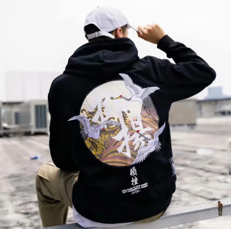 Esprit du Japon sweat capuche japonais grues vagues coton