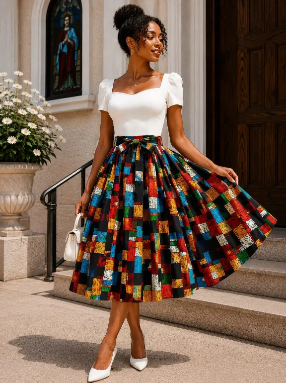 KAVAZI jupe midi Ankara wax motif africain