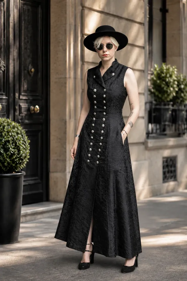 Geht's In Yseline robe damassée noire boutons alsaciens