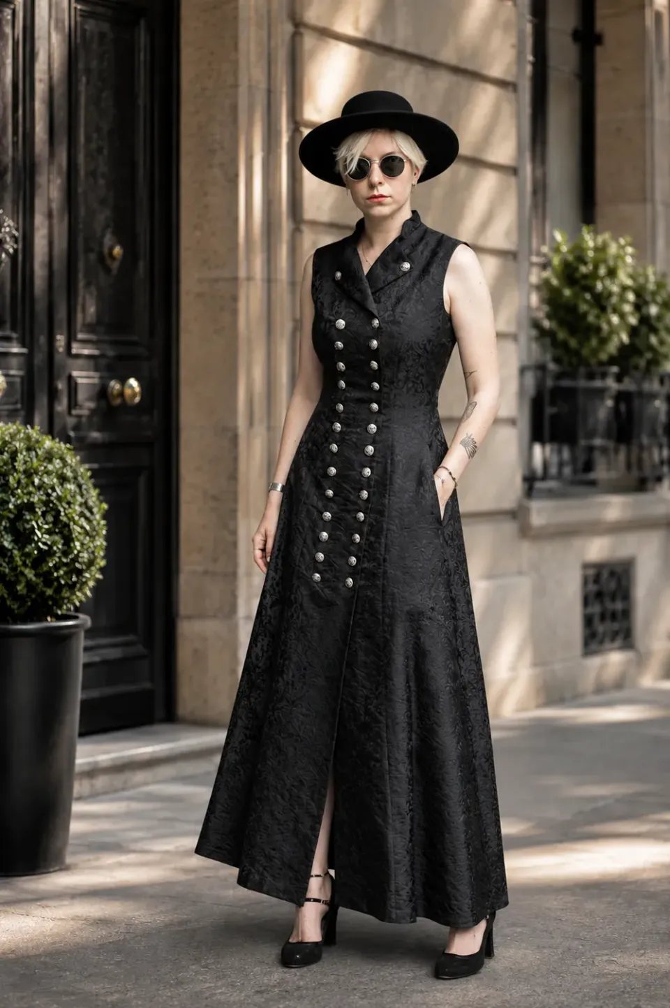 Geht's In Yseline robe damassée noire boutons alsaciens