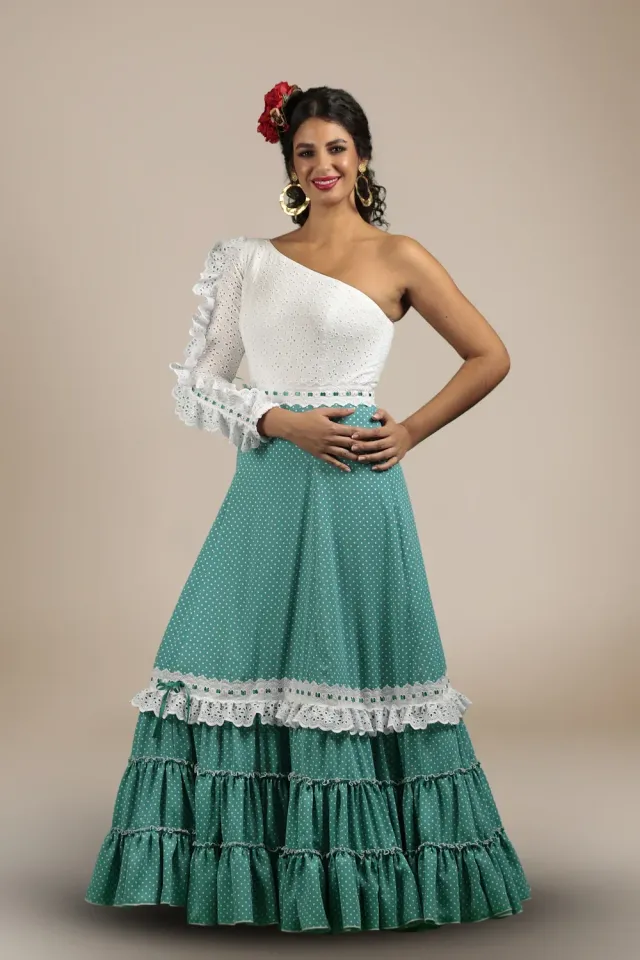 Viva la Feria Salobreña robe flamenca pois vert d'eau