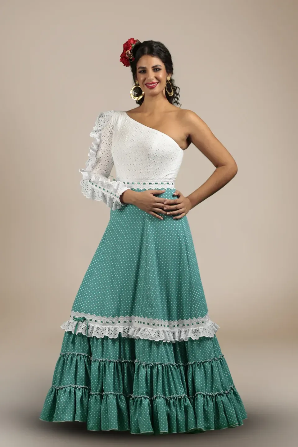 Viva la Feria Salobreña robe flamenca pois vert d'eau