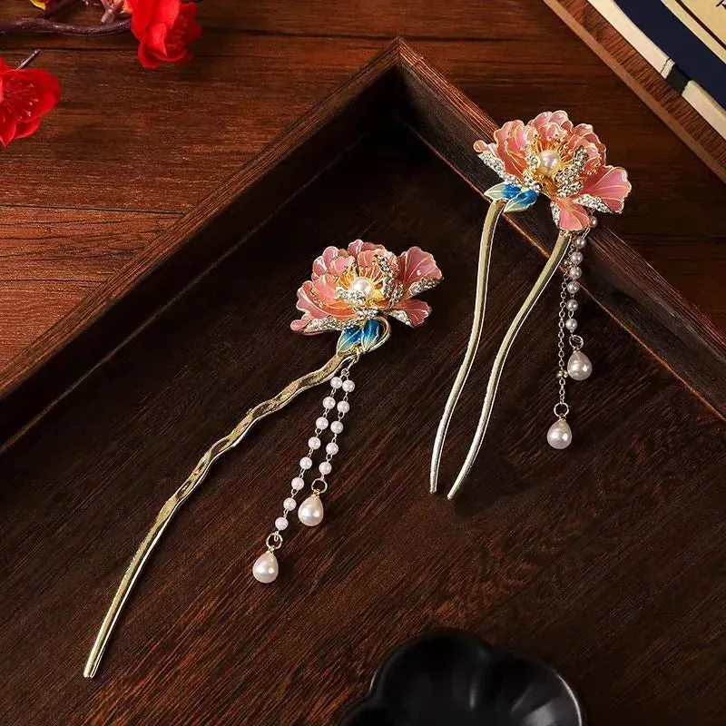 Esprit du Japon Épingle Cheveux Pivoine Perles Métal