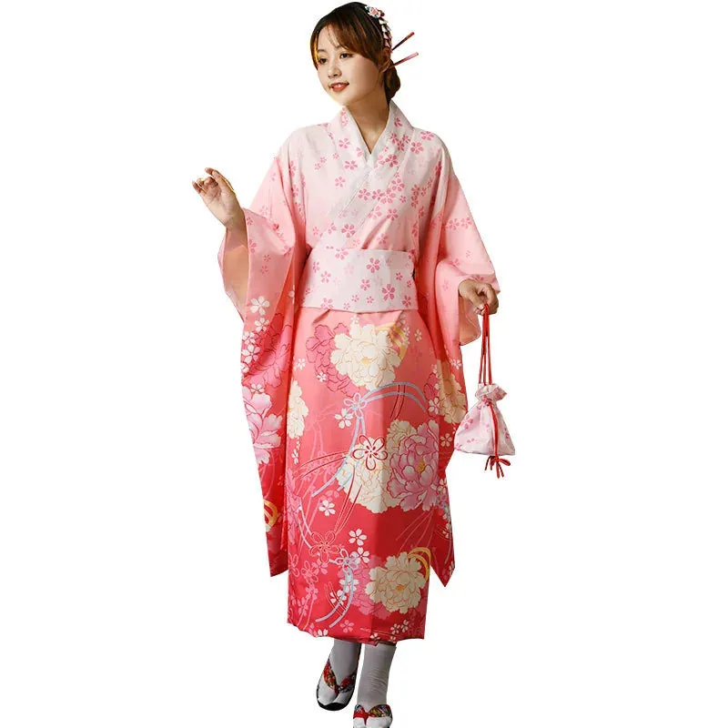 Esprit du Japon robe kimono longue satinée fleurie col V