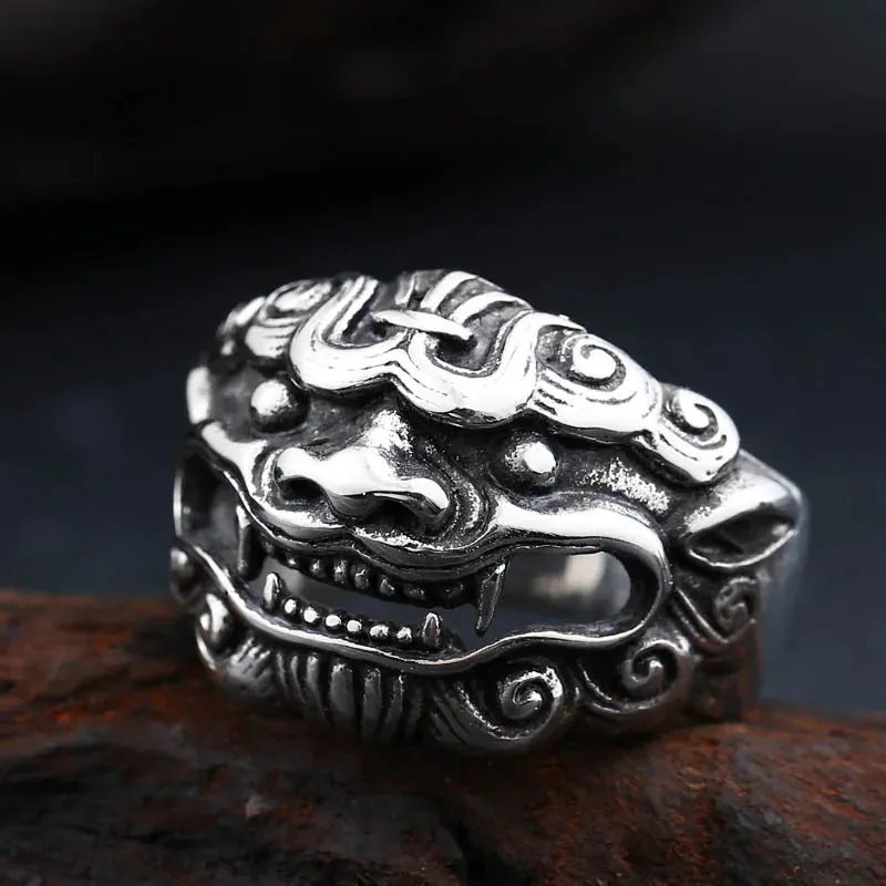 Esprit du Japon bague homme lion gardien acier inoxydable