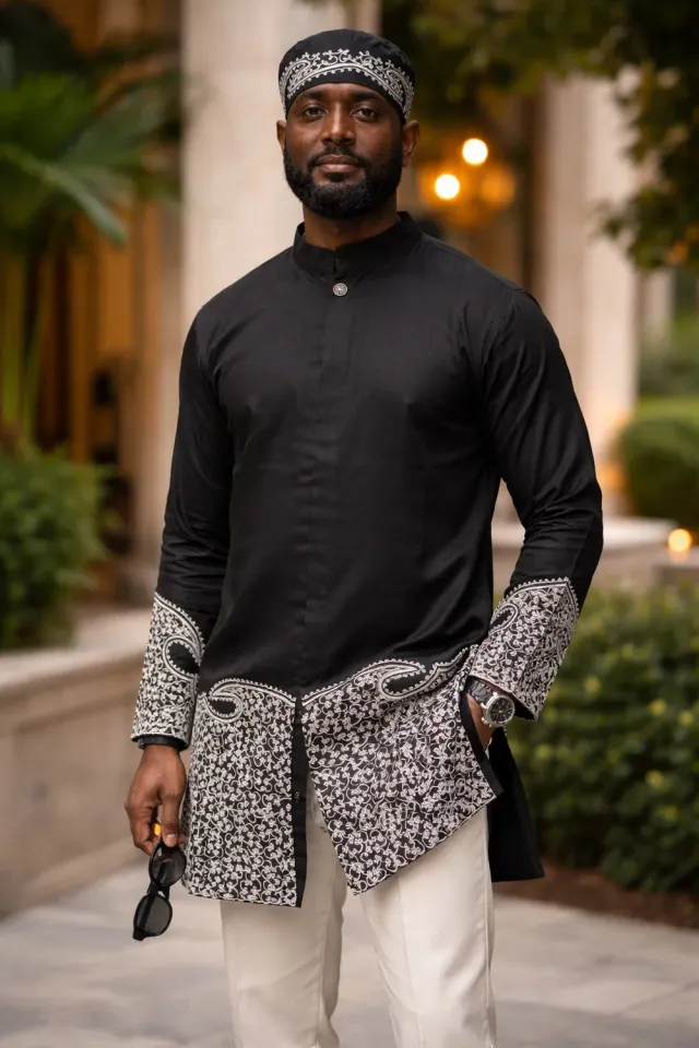 KAVAZI chemise brodée noire manches longues + kufi