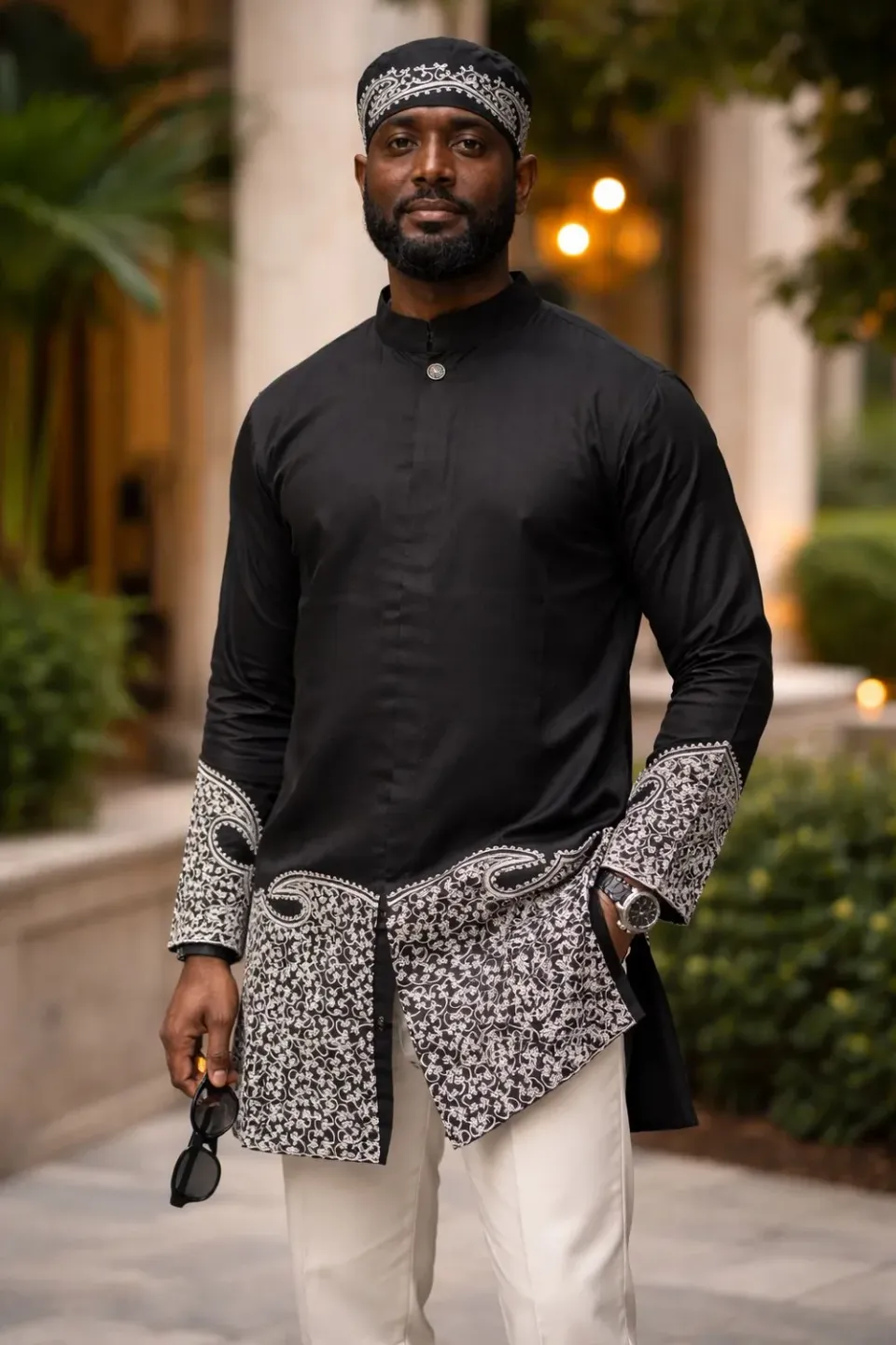 KAVAZI chemise brodée noire manches longues + kufi