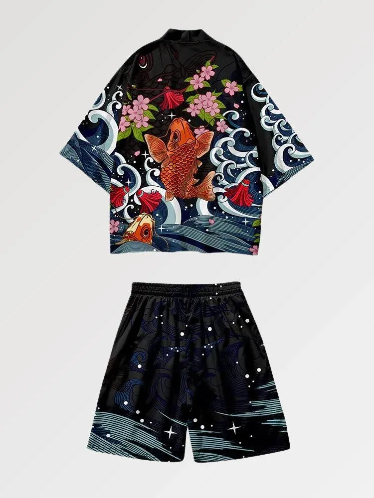 Japon style Koi X Sakura ensemble kimono tissu léger