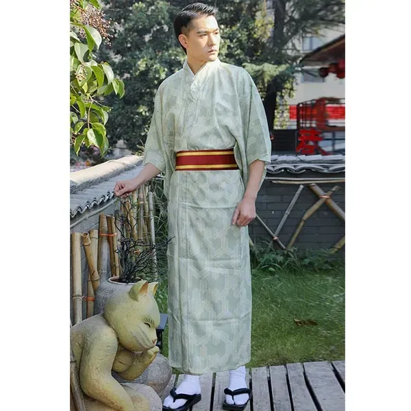 Esprit du Japon Yagasuri kimono homme vert sauge + obi