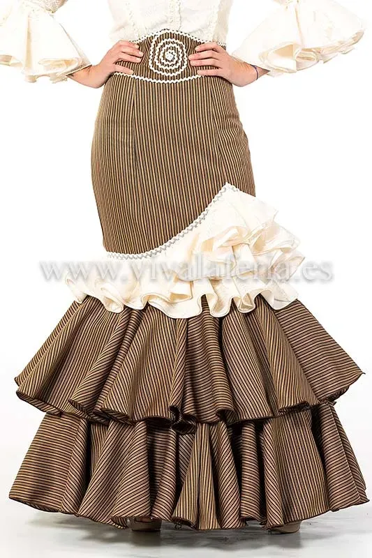 Viva La Feria Vara jupe flamenca marron rayures dentelle beige