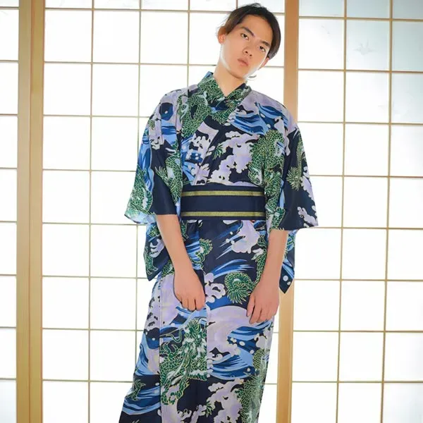 Esprit du Japon kimono homme Dragon Flots bleu marine long