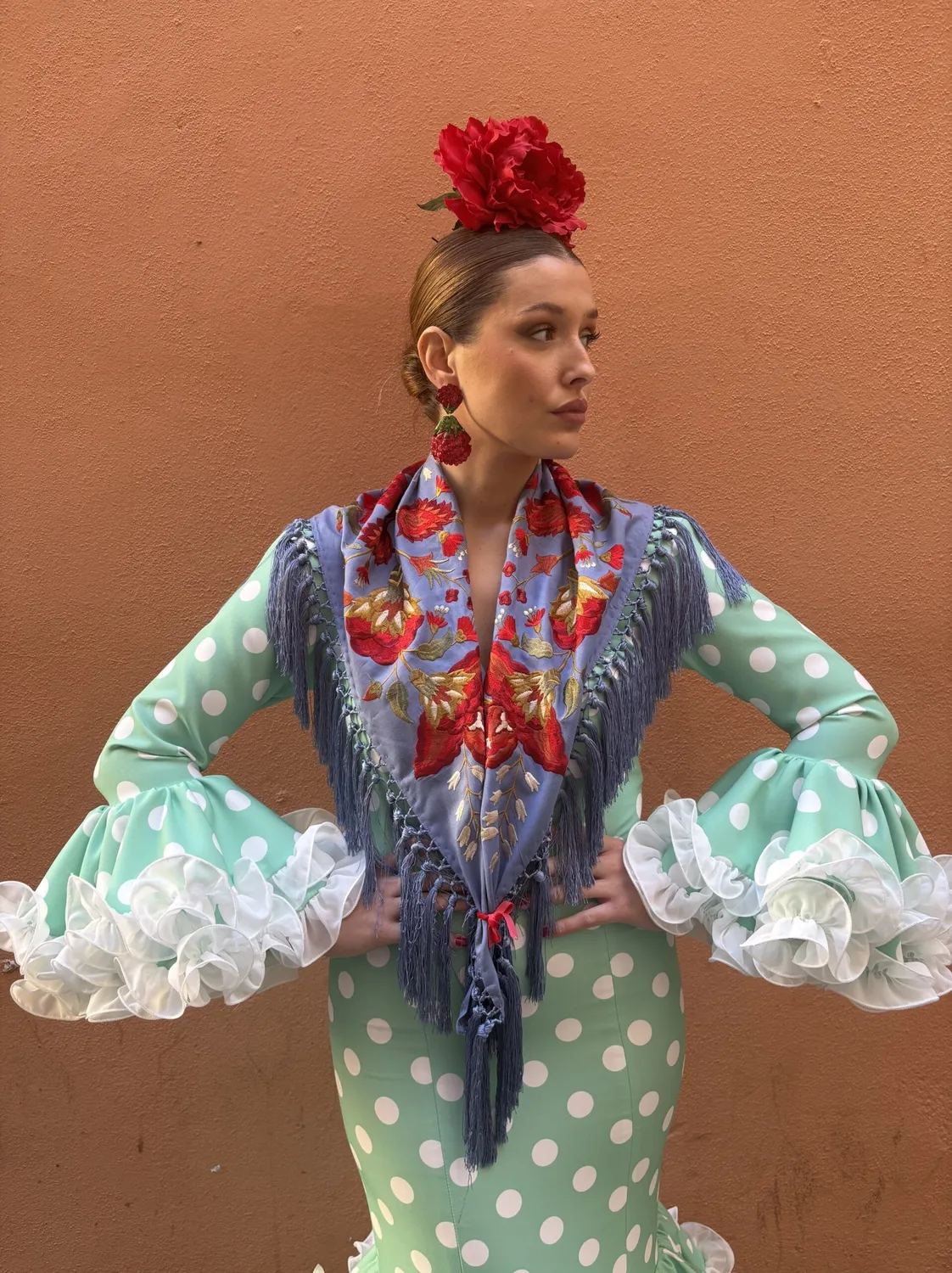 Viva la Feria Canela robe flamenca verte pois blancs
