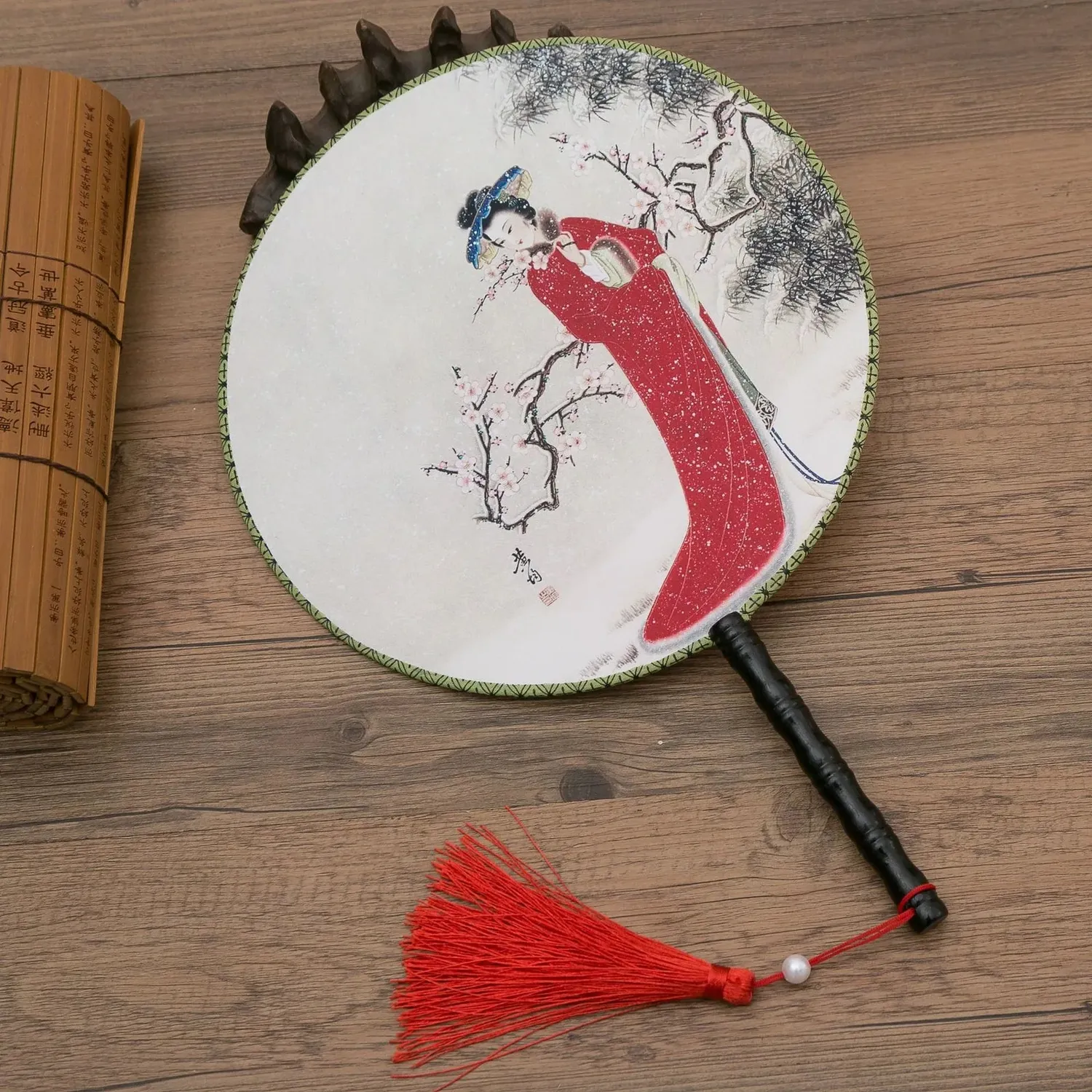 Esprit du Japon Éventail Rond peinture florale bois 24 cm