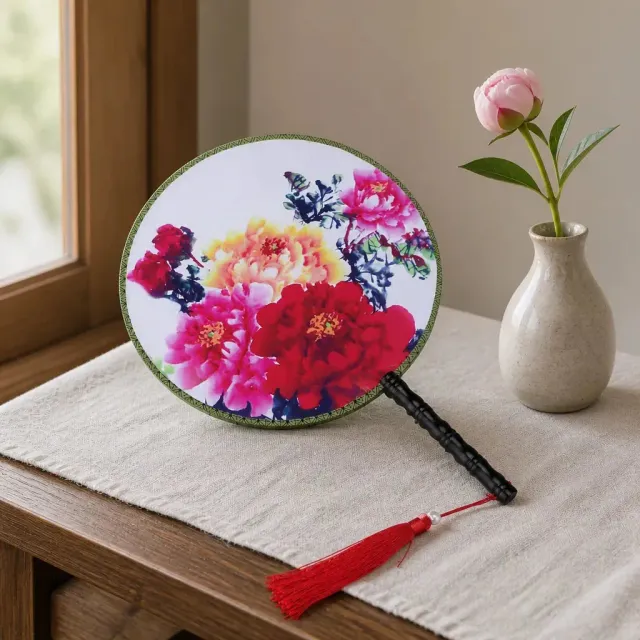 Esprit du Japon Éventail Rond peinture florale bois 24 cm