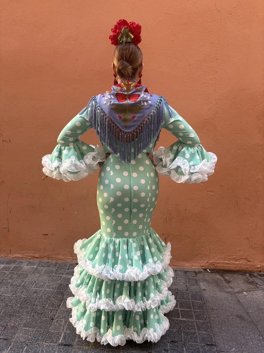 Viva la Feria Canela robe flamenca verte pois blancs