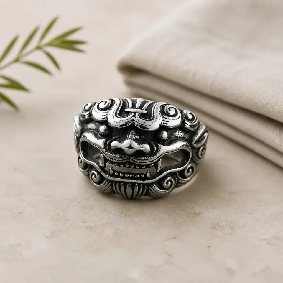 Esprit du Japon bague homme lion gardien acier inoxydable